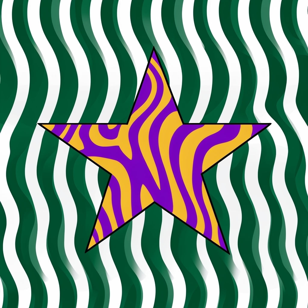 Vibrant Star with Wavy Patterns in Purple and Gold T-Shirt