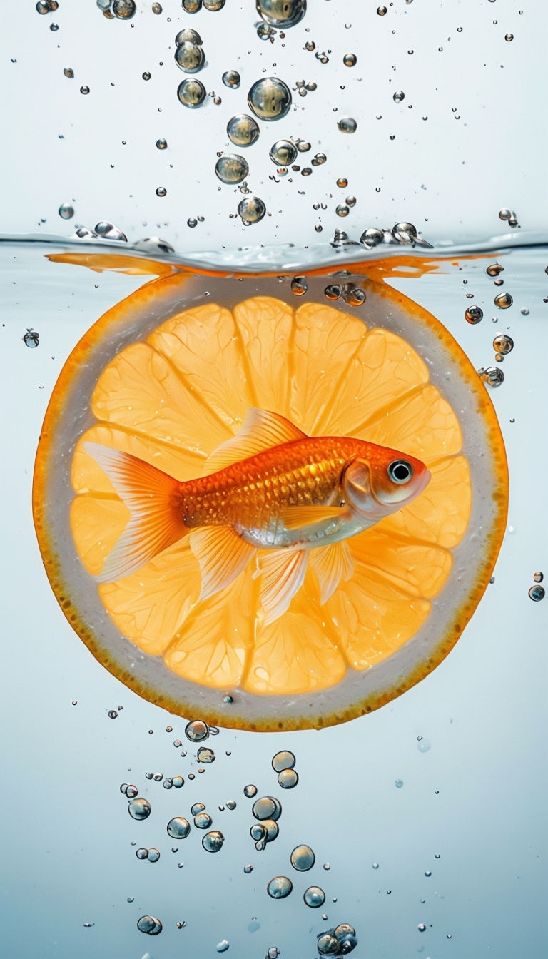 Vibrant Orange Slice and Goldfish Floating in Clear Water Mobile Wallpaper