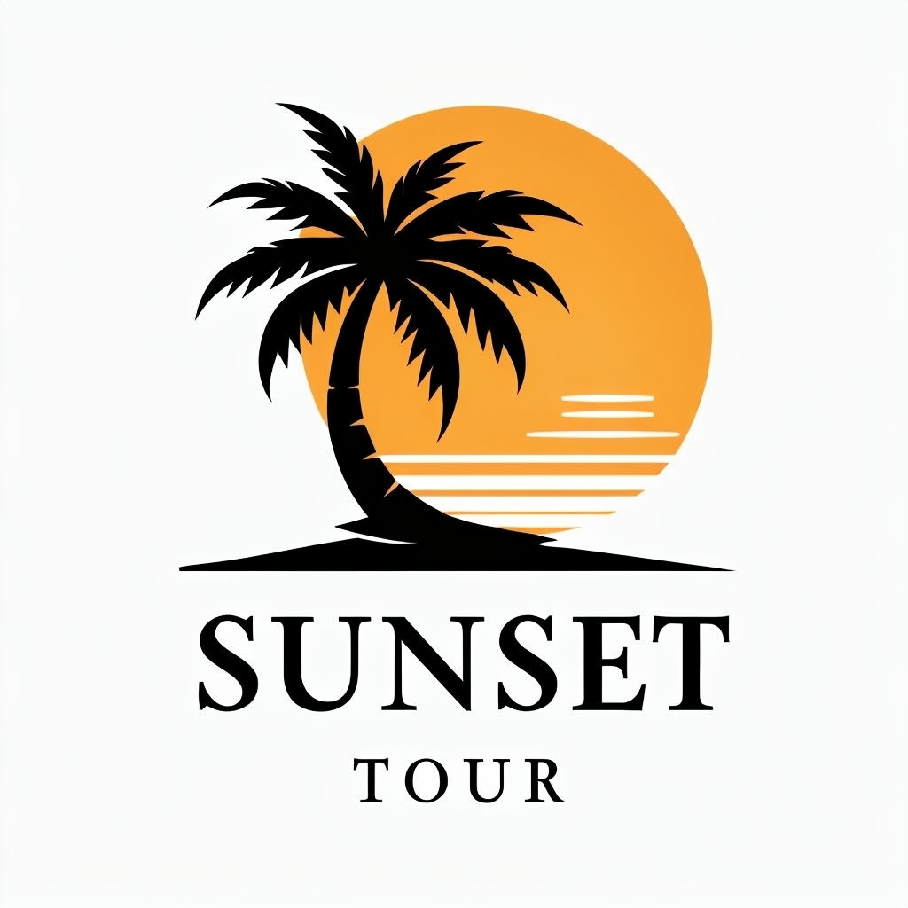 Elegant Minimalist Sunset Tour Logo with Palm Tree Design