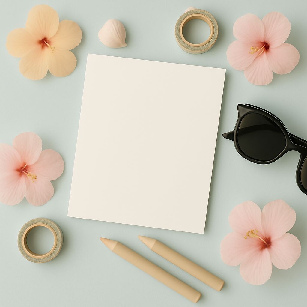 Minimalist Flat Lay Notebook with Hibiscus Flowers Mockup