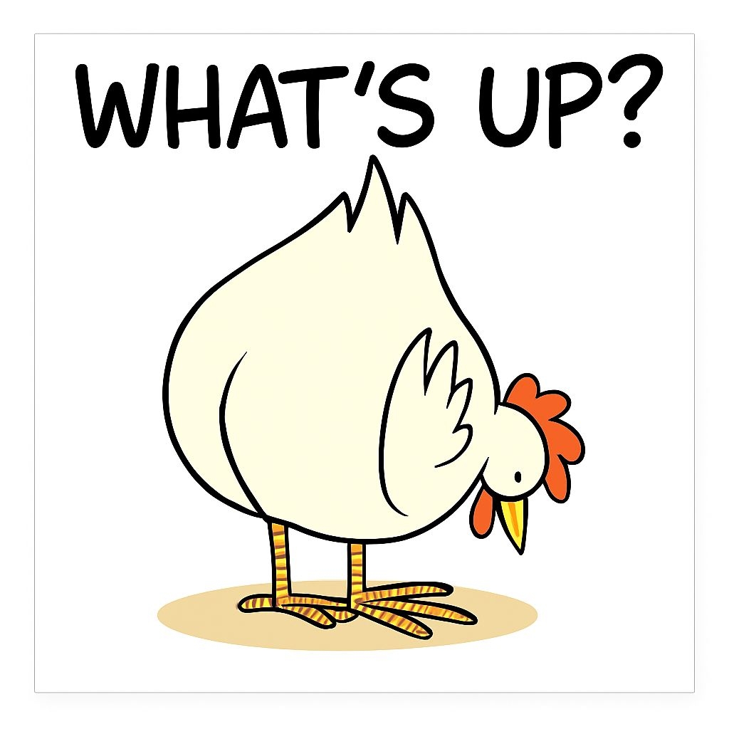 Comical Upside-Down Chicken with What's Up Text Sticker