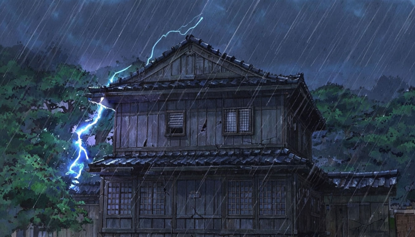 Intense Anime Watercolor Night Scene with Japanese House Virtual Backgrounds