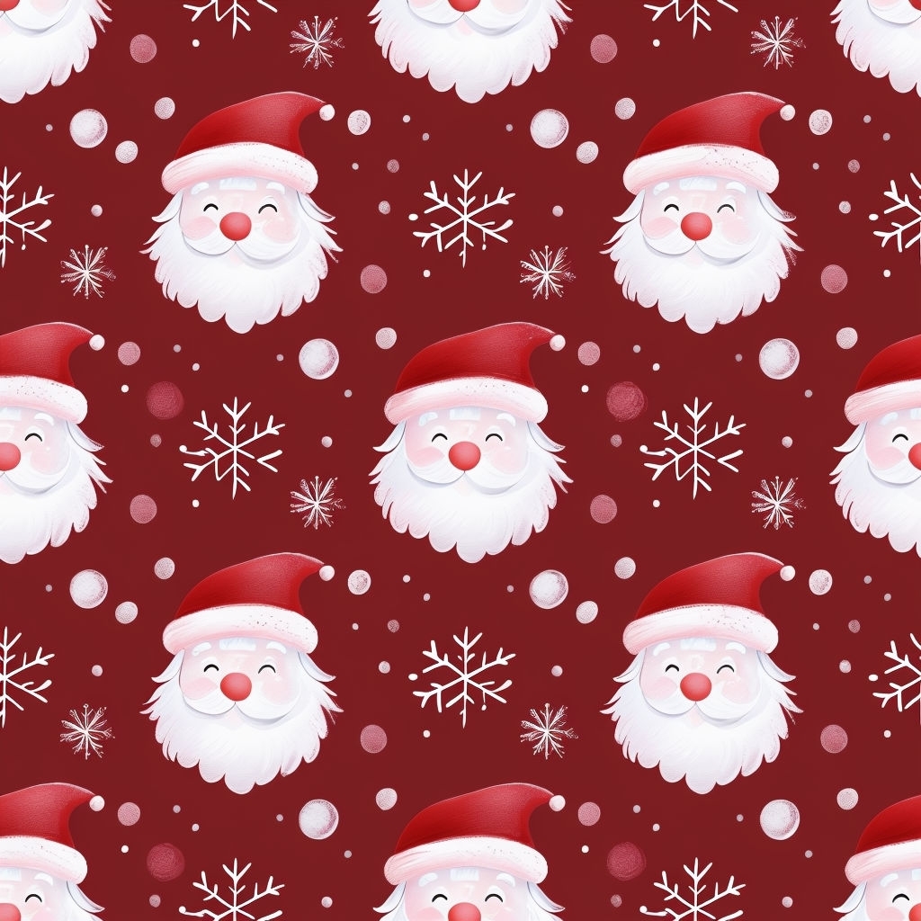 Cheerful Seamless Christmas Santa Faces and Snowflakes Pattern