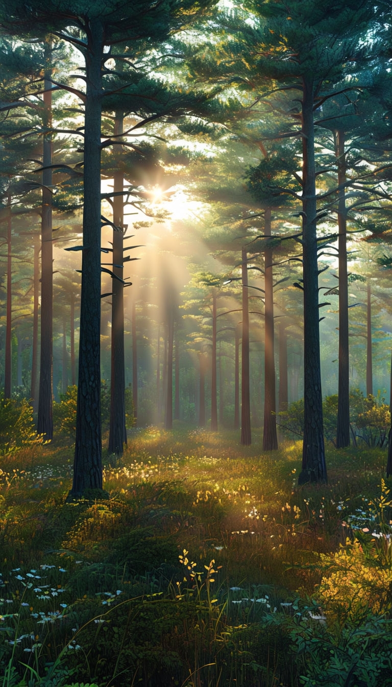 Serene Sunrise Forest Landscape with Soft Light Art