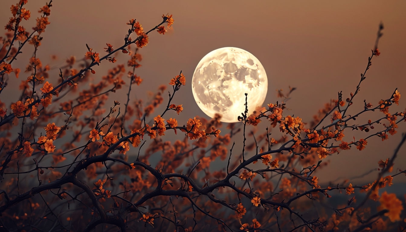 Vibrant Blossoms with Full Moon in Nature Scene Art