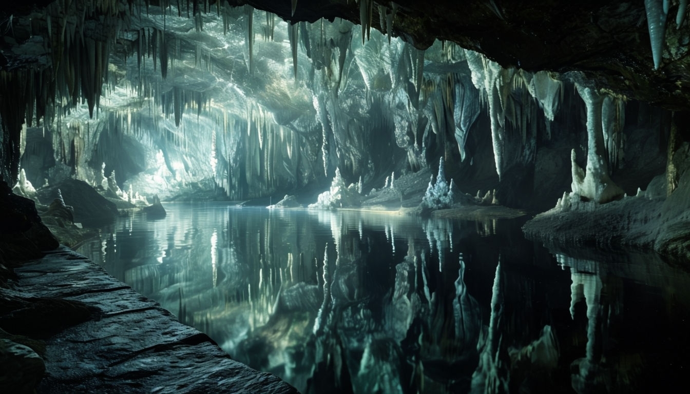 Enchanting Subterranean Grotto Lake Reflection Virtual Background