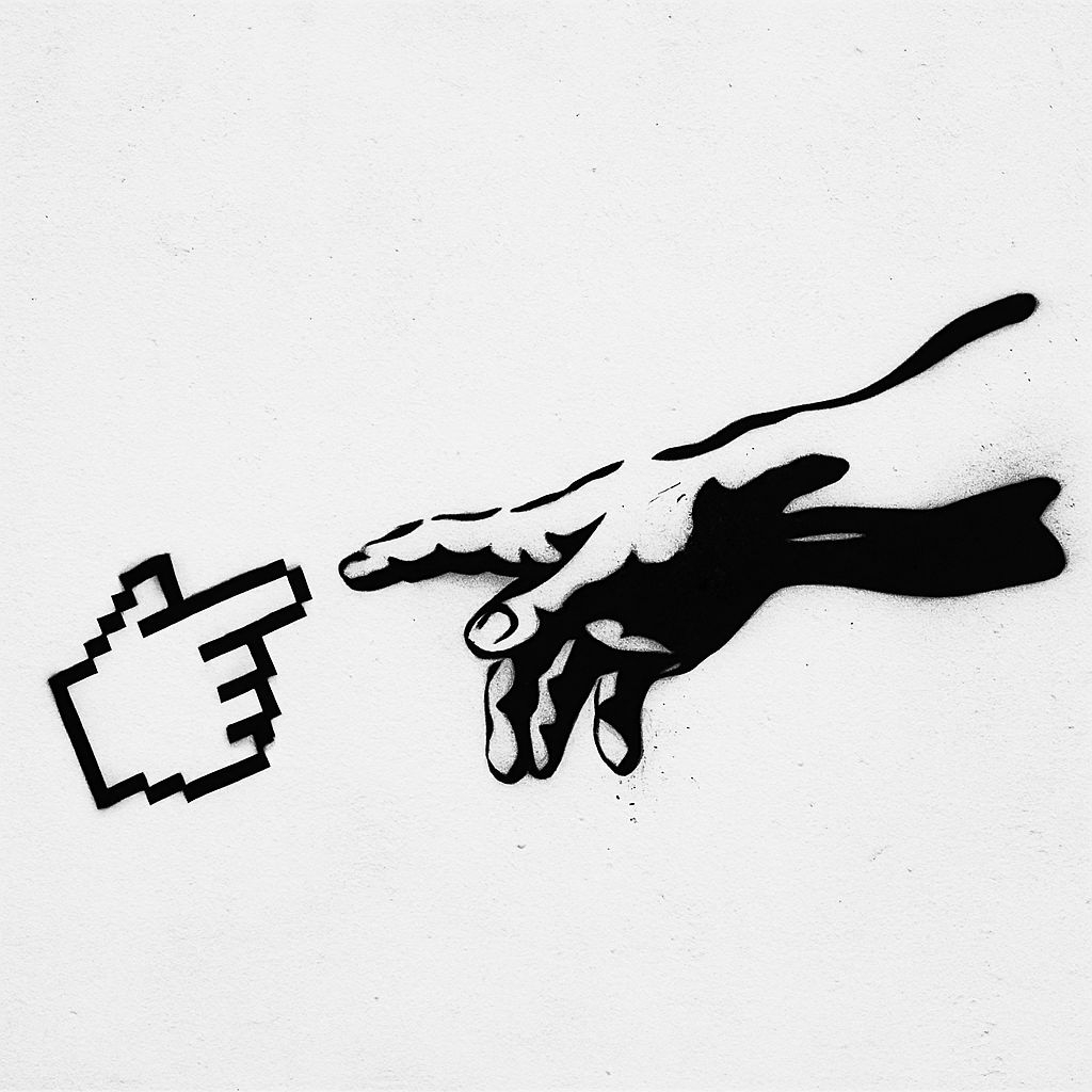 Stylized Graffiti Art of Hand Reaching for Pixelated Cursor Art