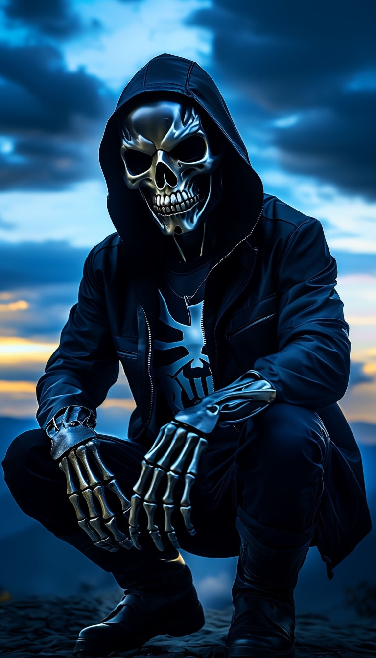 Eerie Crouched Character in Skull Mask Digital Artwork Mobile Wallpaper