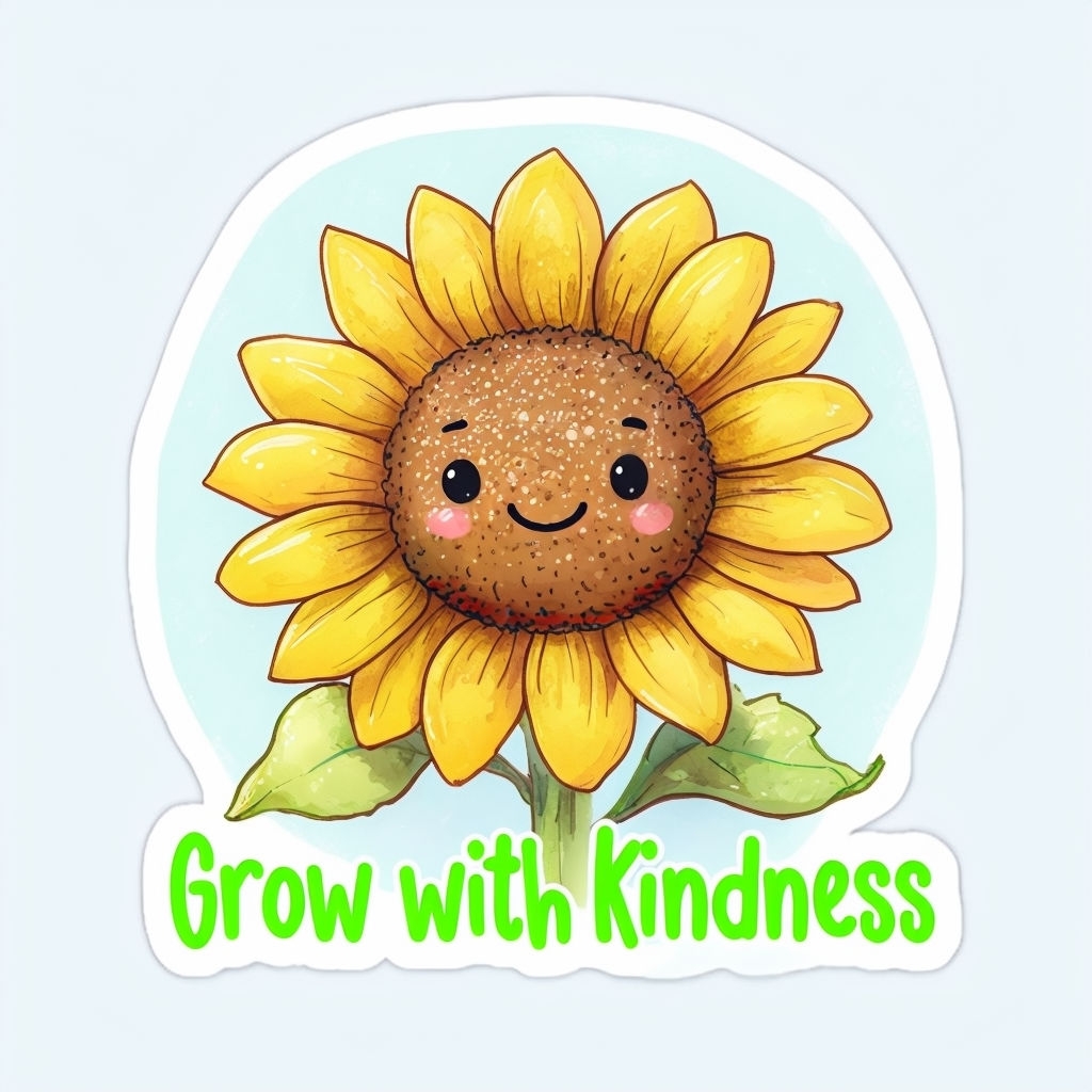 Cheerful Cartoon Sunflower with Grow with Kindness Sticker