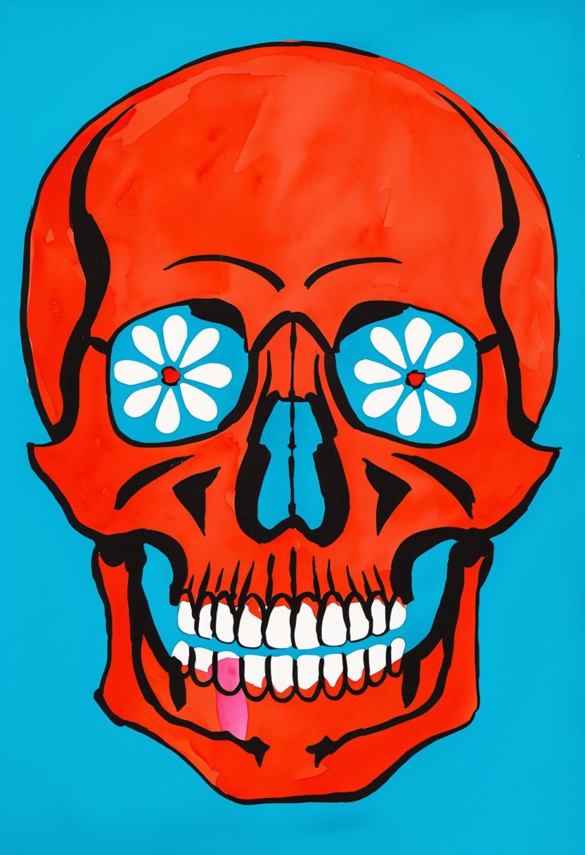 Vibrant Abstract Skull Watercolor Painting on Blue Background Art