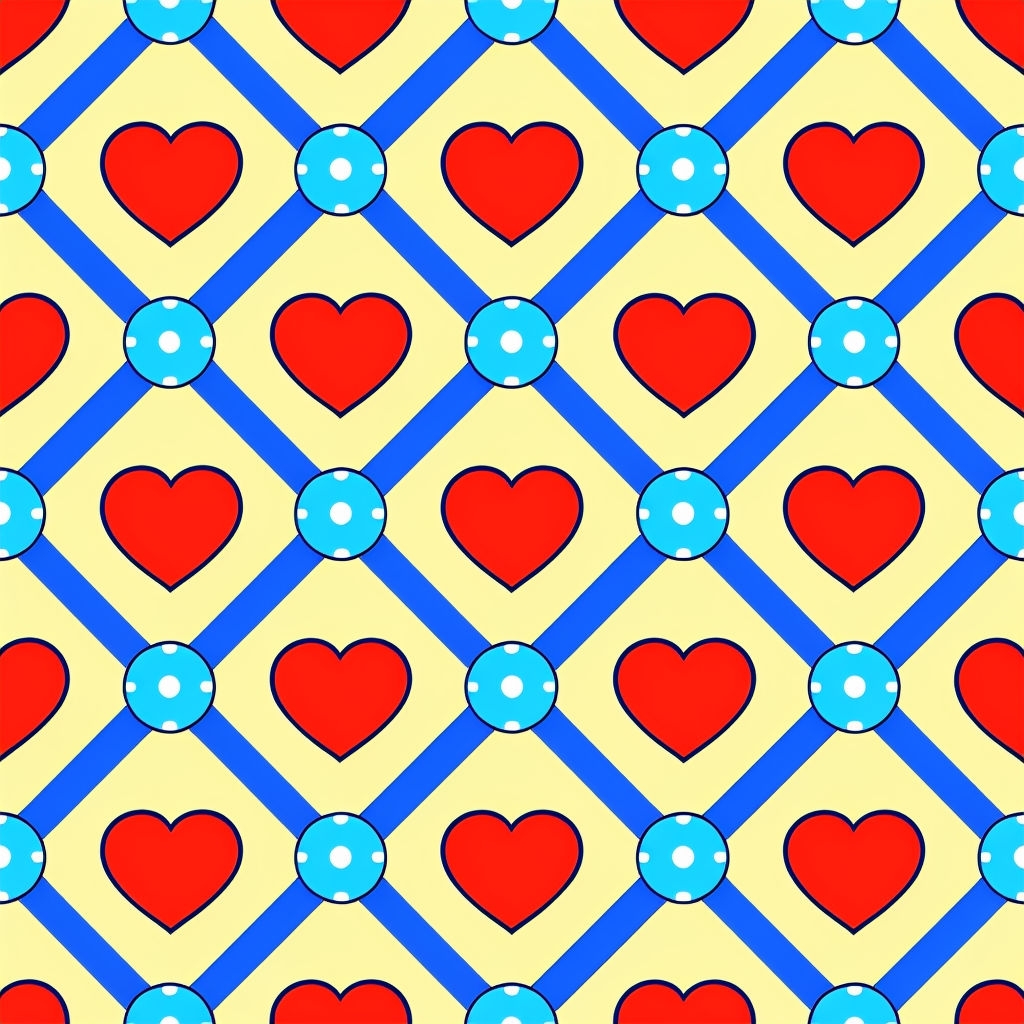 Vibrant Geometric Heart and Circle Pattern Design Seamless Pattern