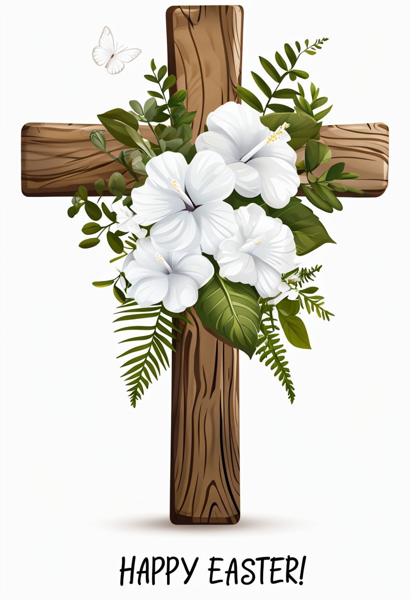 Easter Celebration Wooden Cross with Flowers Greeting Card