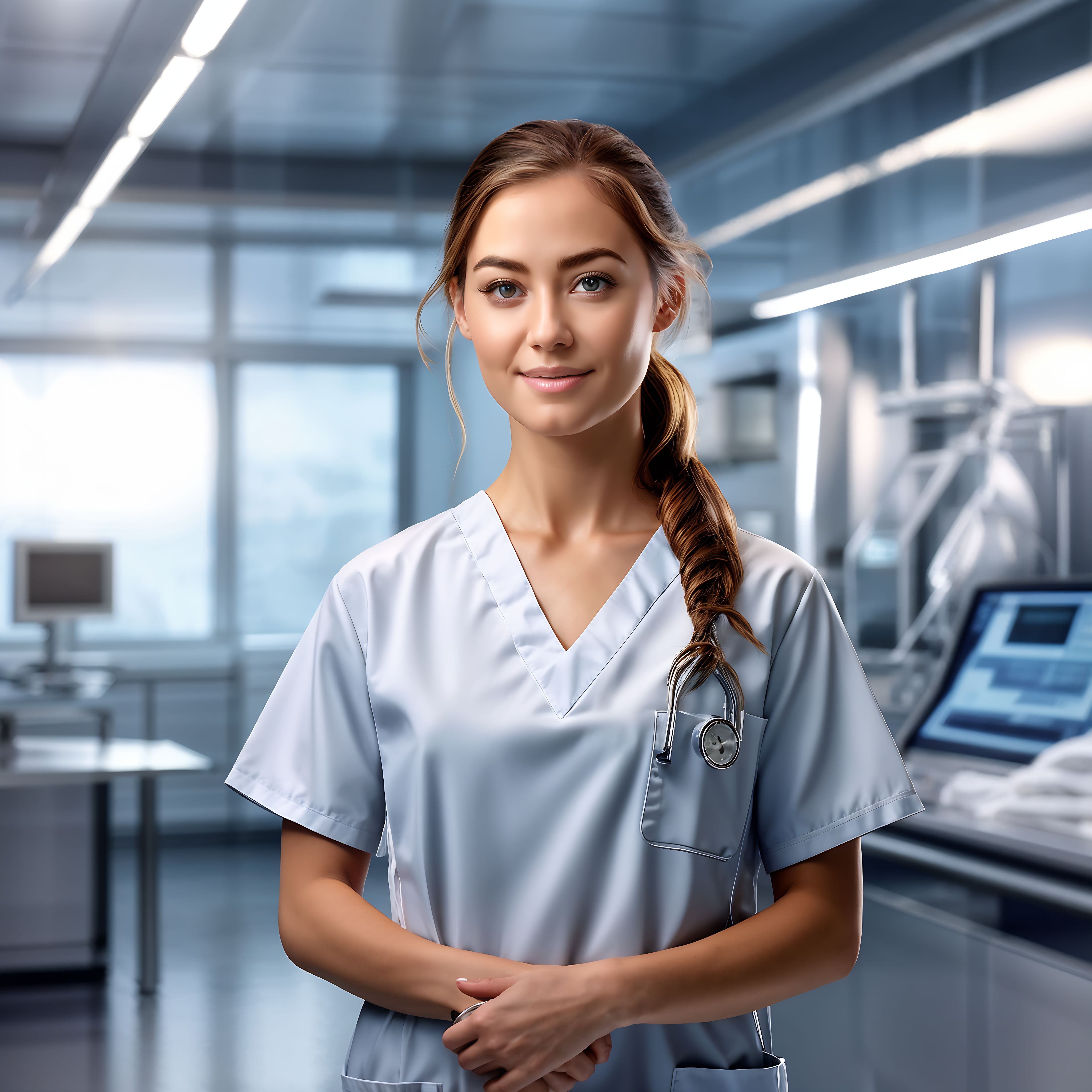 a brunette woman with a very pretty face in the form of a sexy nurse is  standing next to the patient. She is dressed in a transparent uniform . In  the background