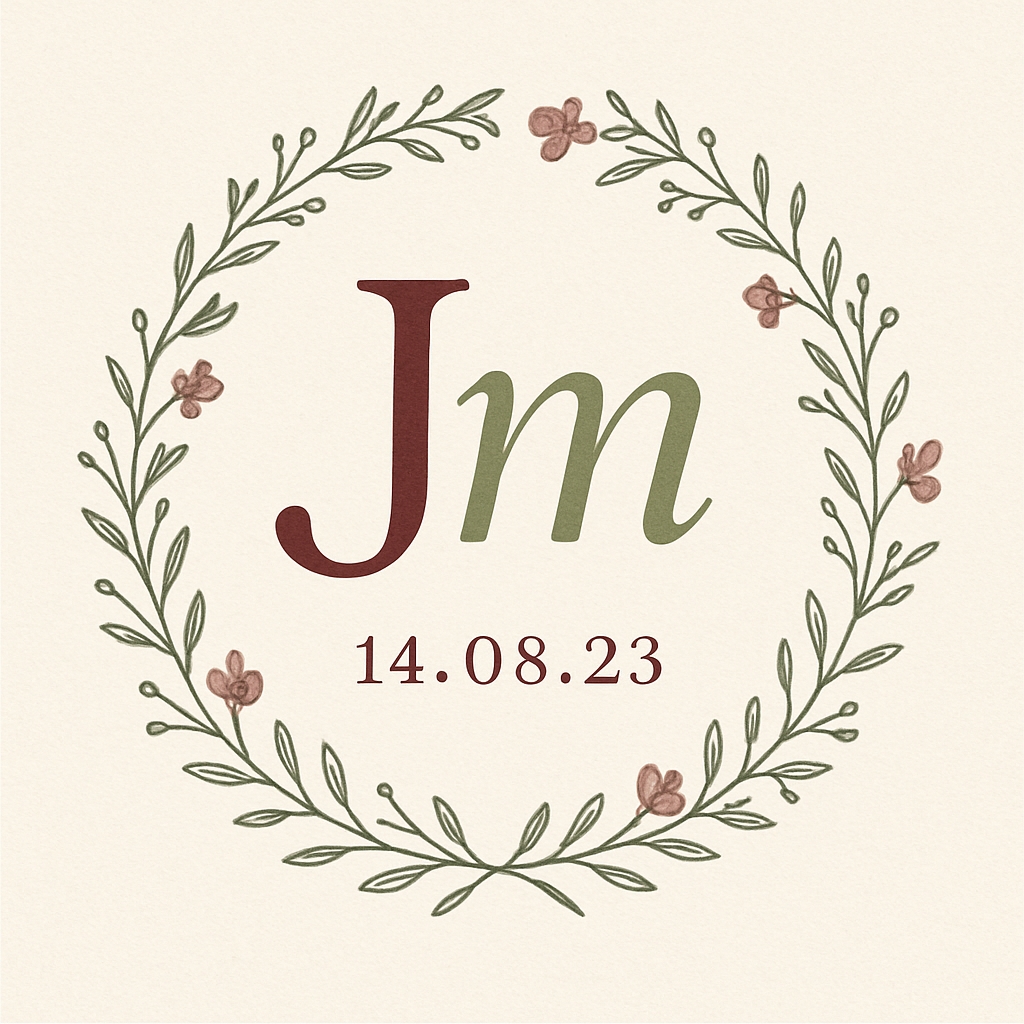 Elegant JM Monogram with Botanical Wreath and Date Design Monogram