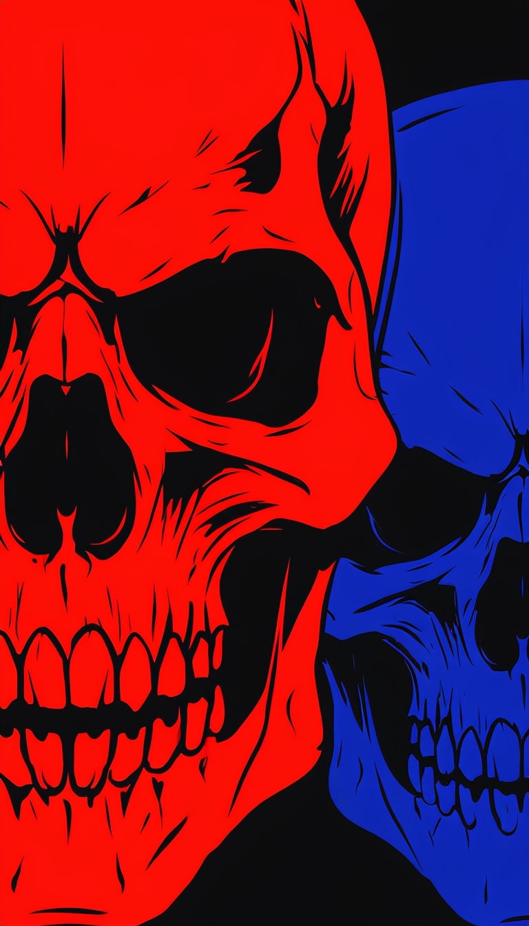 Vivid Red and Blue Skull Faces Digital Illustration Wallpaper