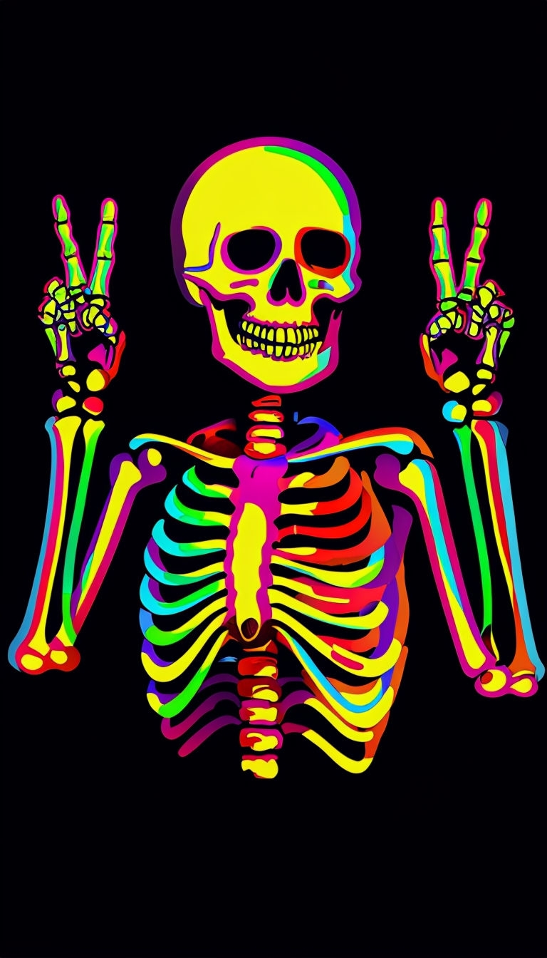 Vibrant Neon Skeleton Illustration with Peace Sign Poster