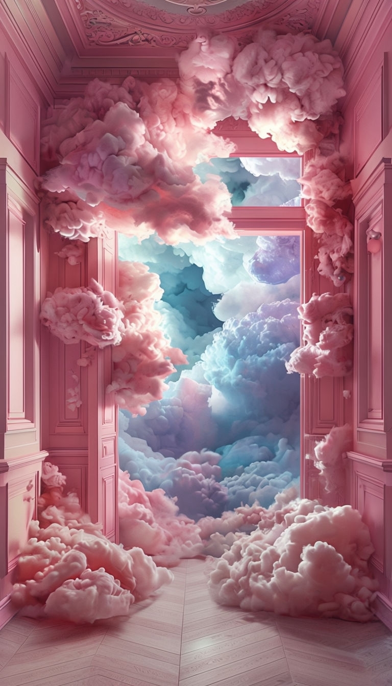 Surreal Pink Hallway with Dreamy Cloudscape Art Poster