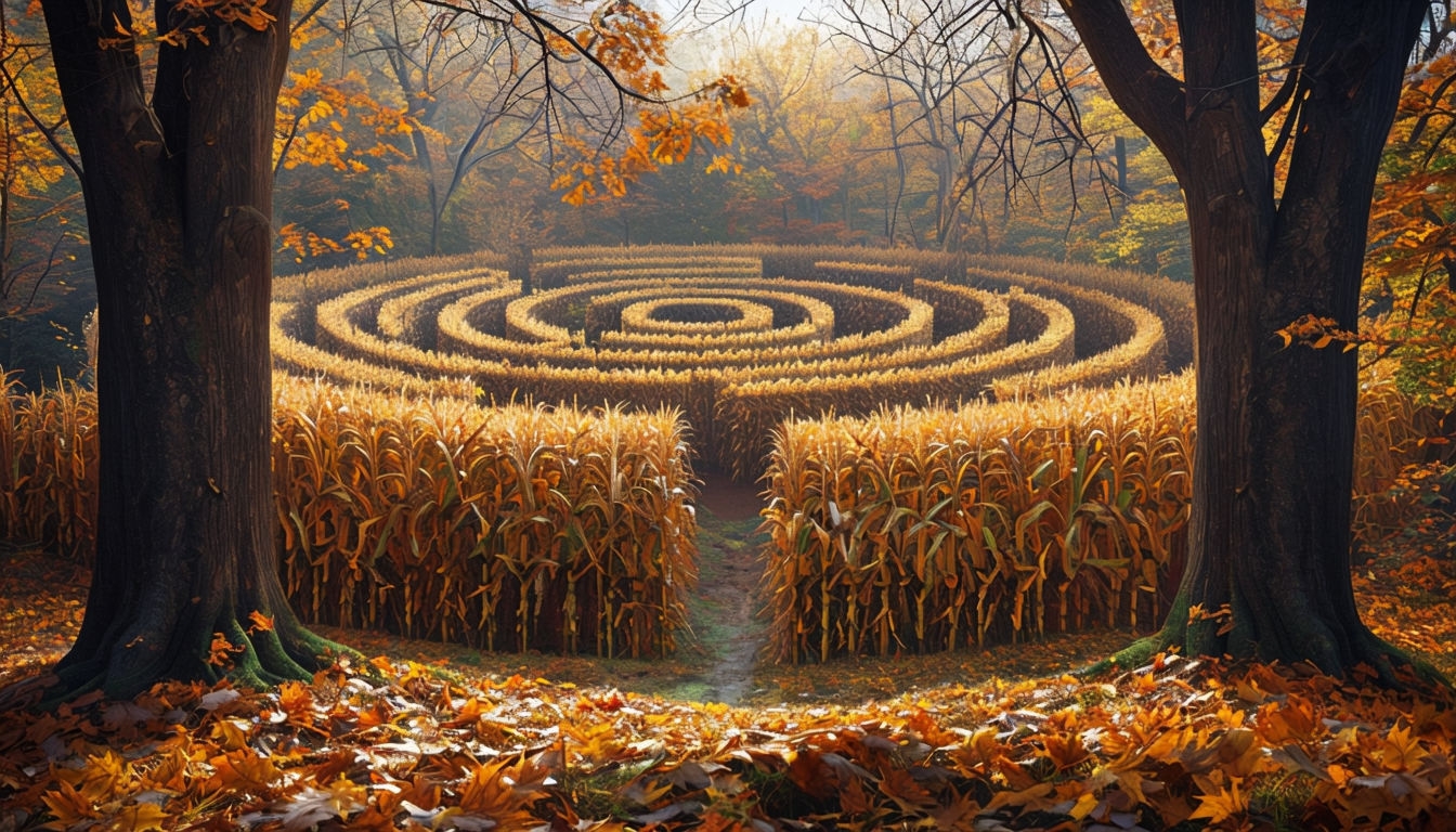 Serene Autumn Corn Maze Landscape Photograph for Nature Lovers Poster