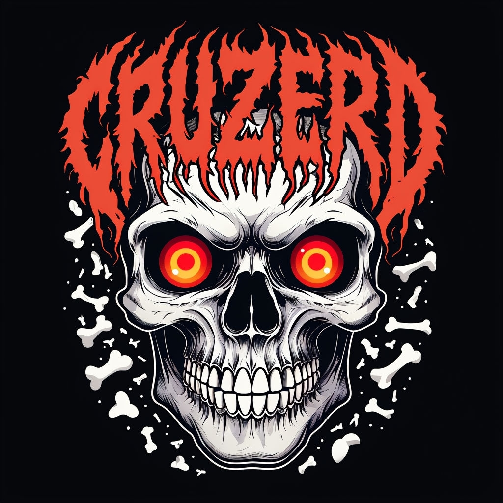Menacing Skull with Vivid Eyes and Distressed Text T-Shirt