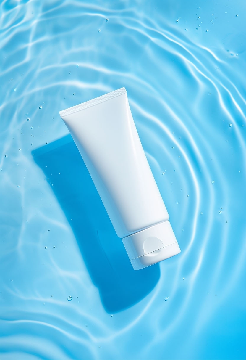 Minimalist Skincare Product Tube on Wavy Blue Surface Mockup