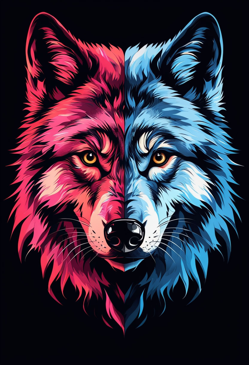 Vibrant Dual-Colored Wolf Face Vector Art Poster