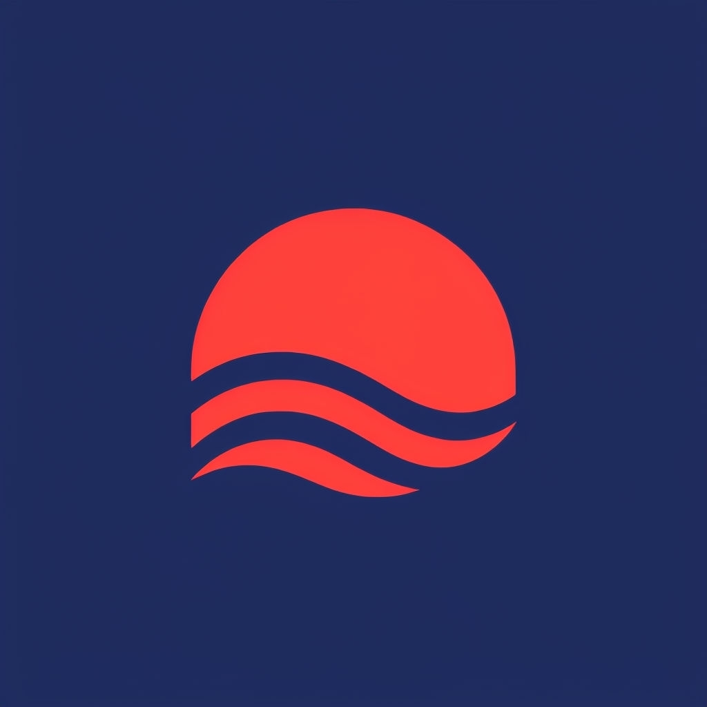 Minimalist Red Sun and Waves Logo Design on Dark Blue Background