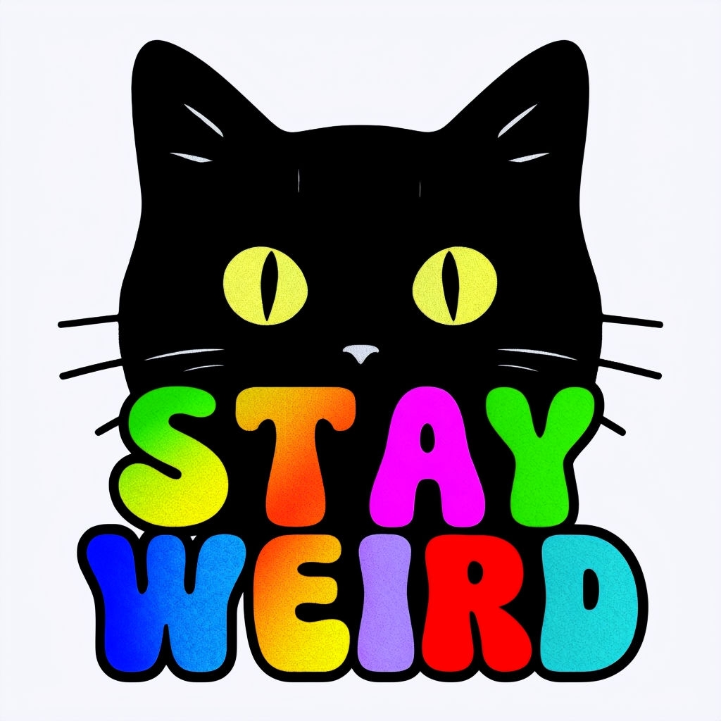 Playful Black Cat with Colorful 'STAY WEIRD' Text Mug