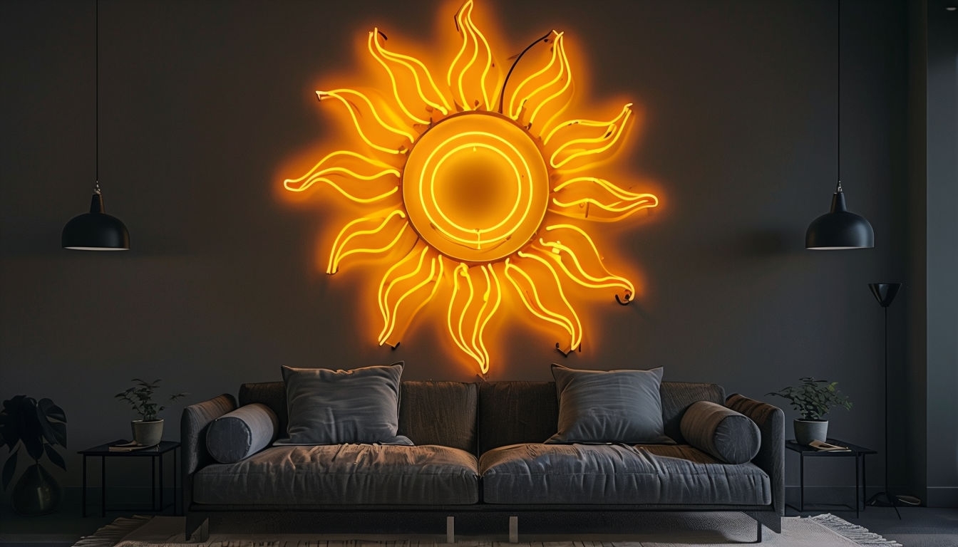 Vibrant Amber Yellow Neon Sun Interior Scene Art