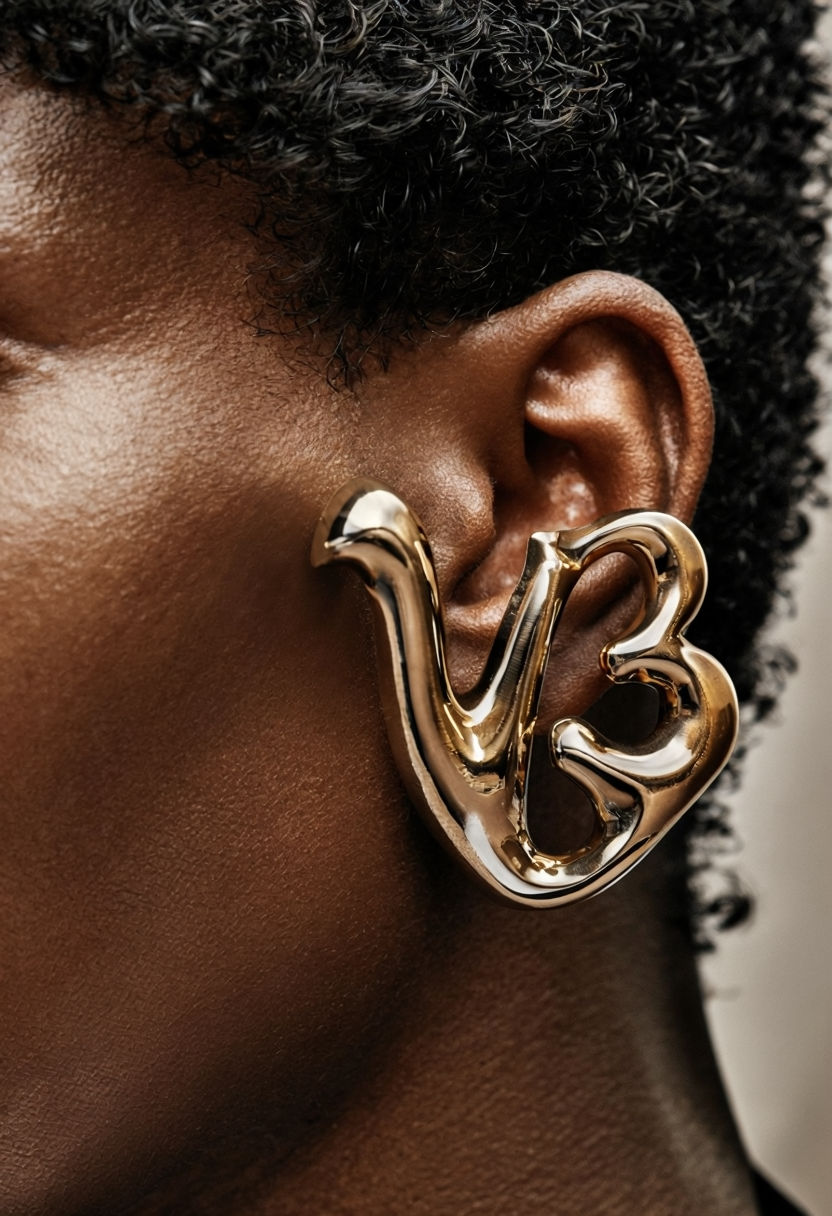 Elegant Gold "v3" Ear Cuff Close-Up Photography Art