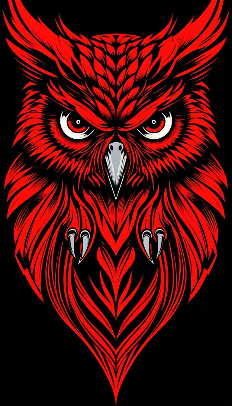 Vivid Scarlet Owl Face Vector Illustration on Black Background Mobile Wallpaper