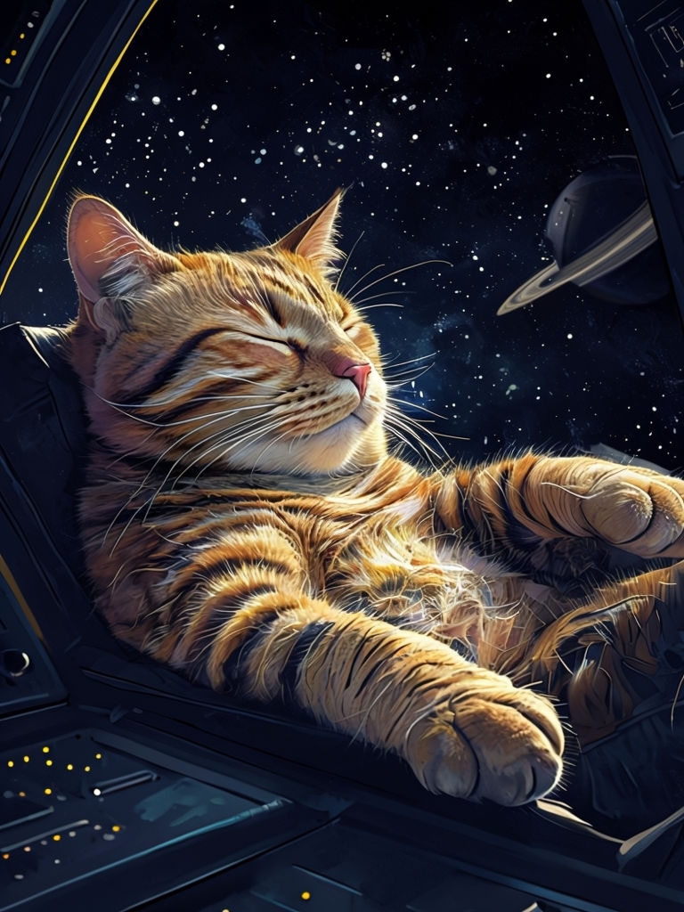 Relaxed Orange Tabby Cat in Spaceship Cockpit Illustration Art