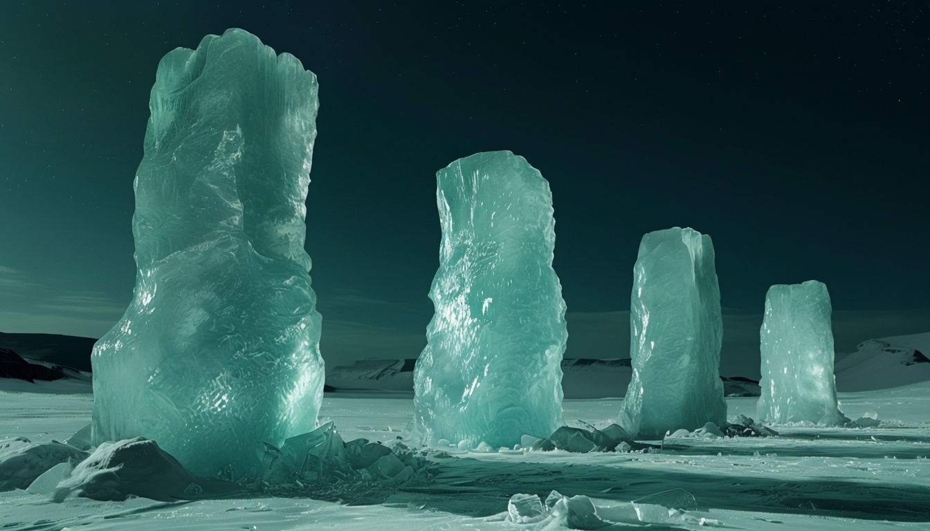 Translucent Ice Columns in Moonlit Snowy Landscape Background