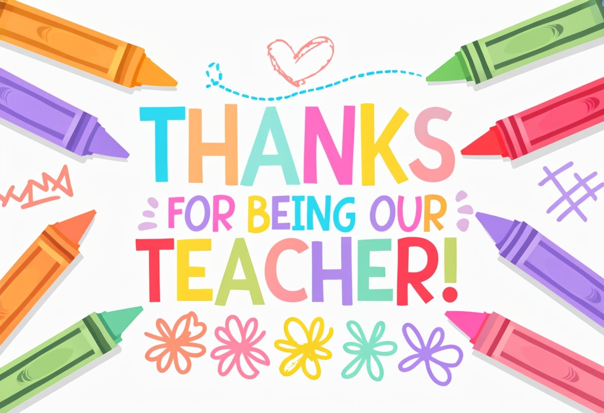 Vibrant Teacher Appreciation Card with Crayon Illustrations