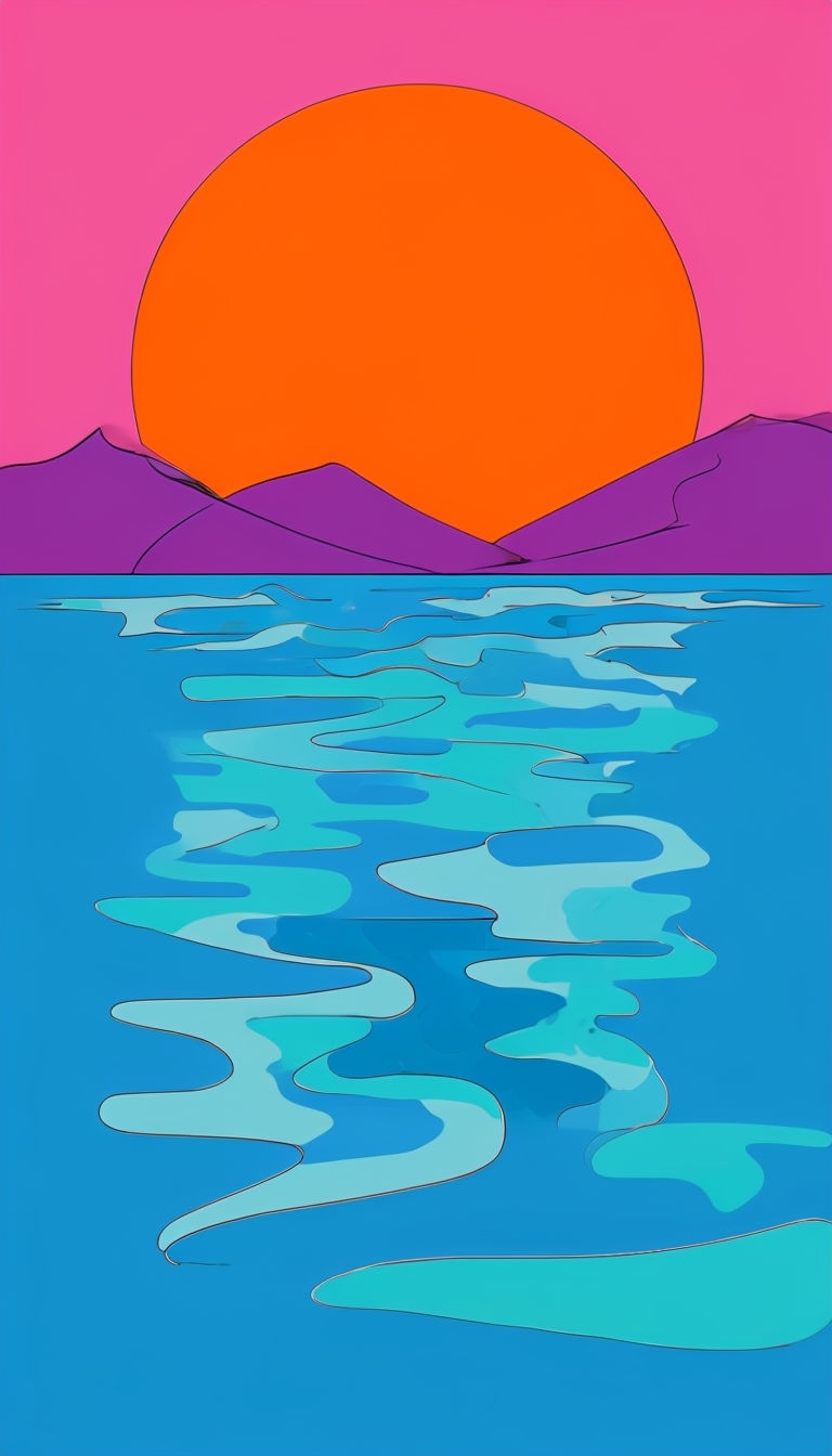 Vibrant Abstract Landscape with Orange Sun and Purple Mountains Mobile Wallpaper