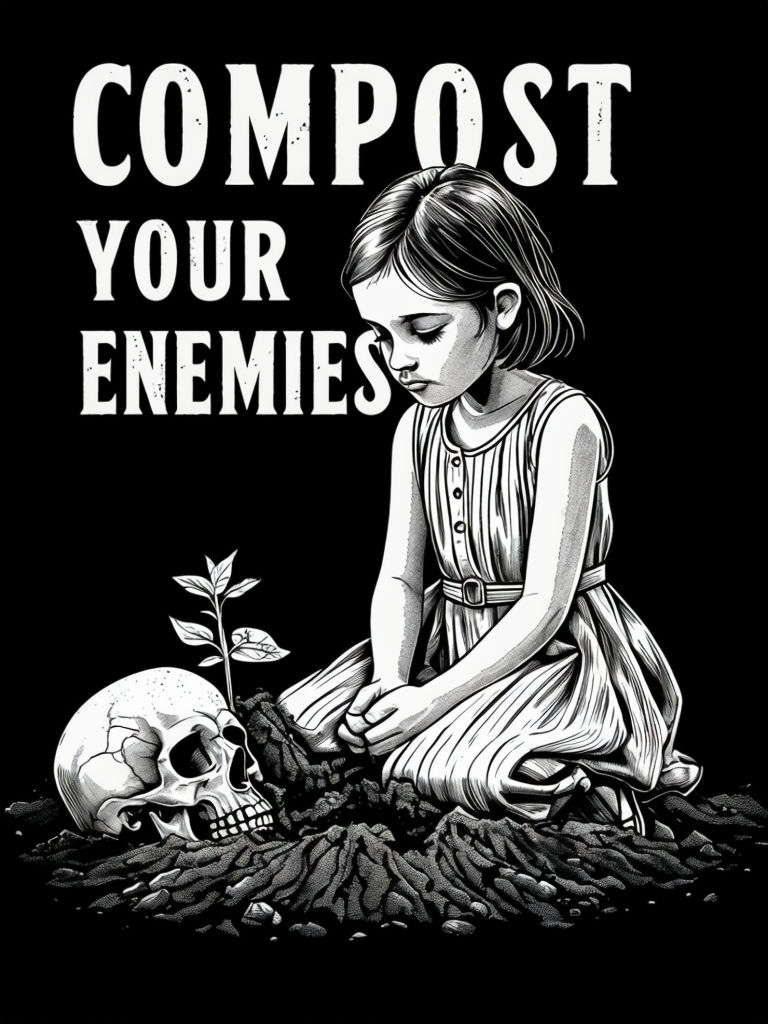 Contemplative Girl with Skull and Plant Illustration T-Shirt