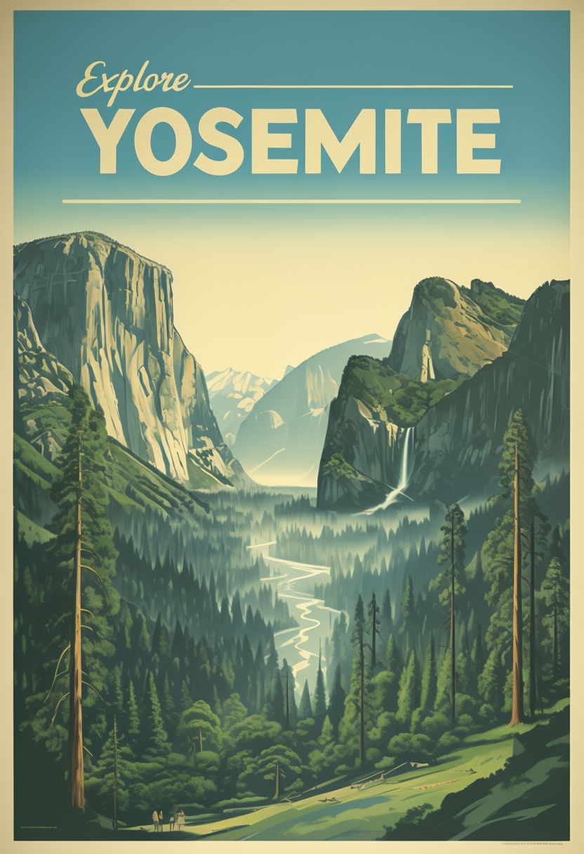 Vintage Yosemite National Park Travel Poster with Scenic Vista