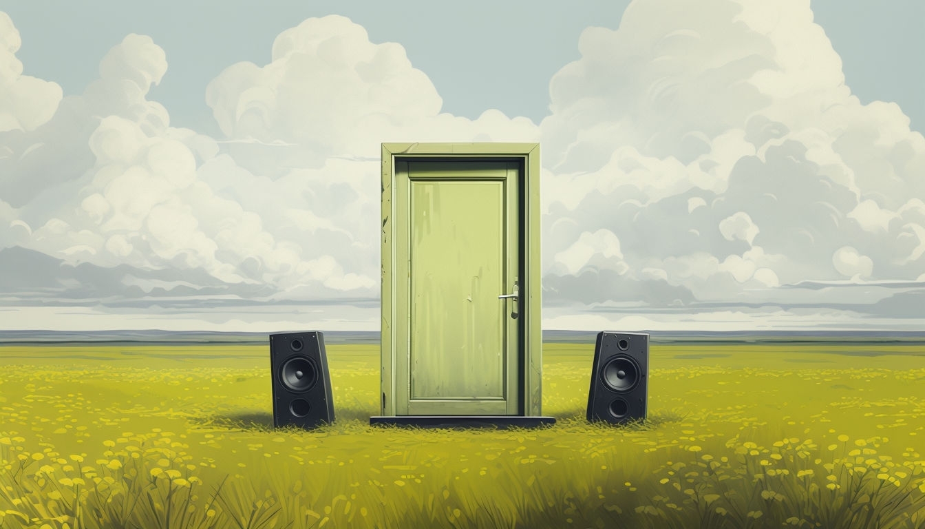 Serene Landscape with Olive Green Door and Speakers Virtual Background