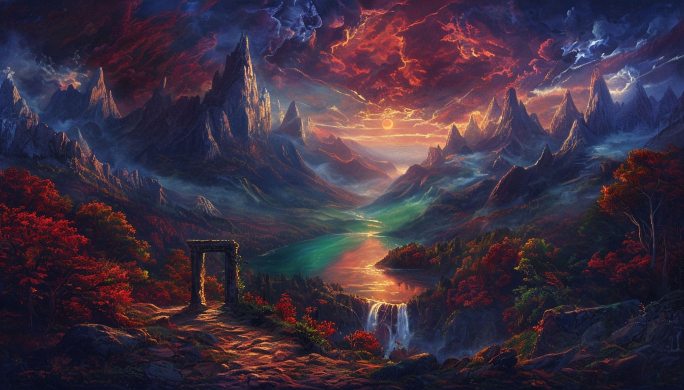 Mystical Fantasy Landscape with Dramatic Mountains and Lake Art // Virtual Backgrounds