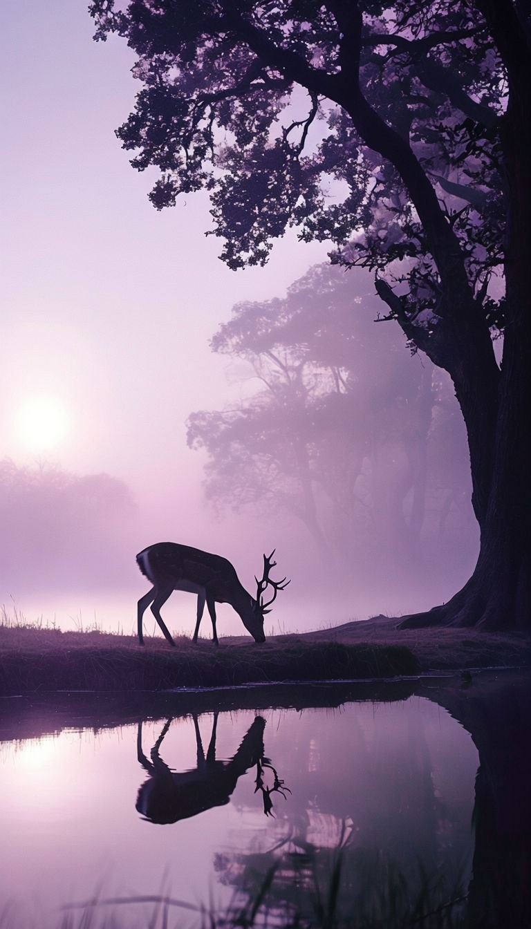 Serene Deer Grazing by Calm Water at Sunrise Mobile Wallpaper
