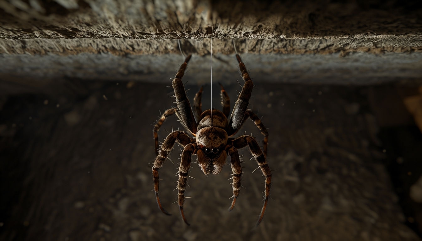 Realistic Venomous Spider Descending in Dimly Lit Background Virtual Backgrounds