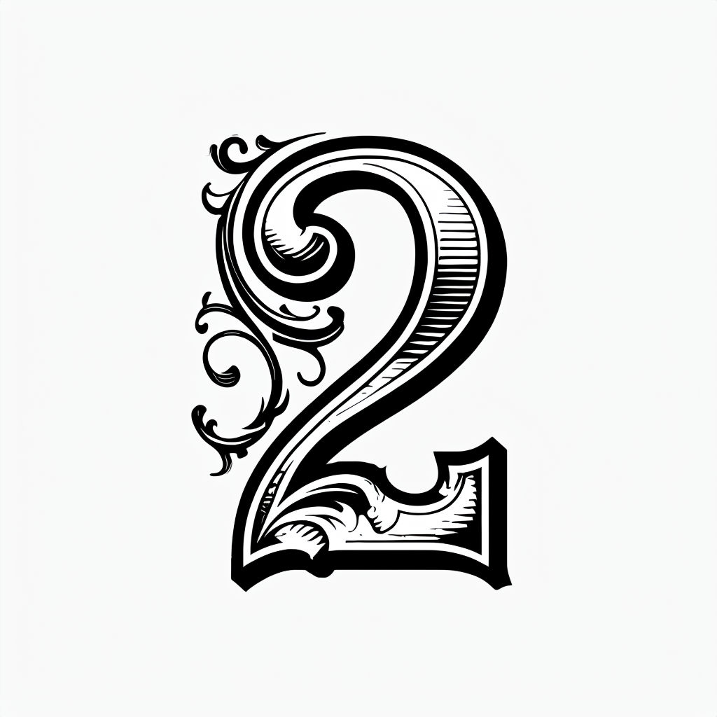Intricate Ornamental Black and White Number Two Monogram