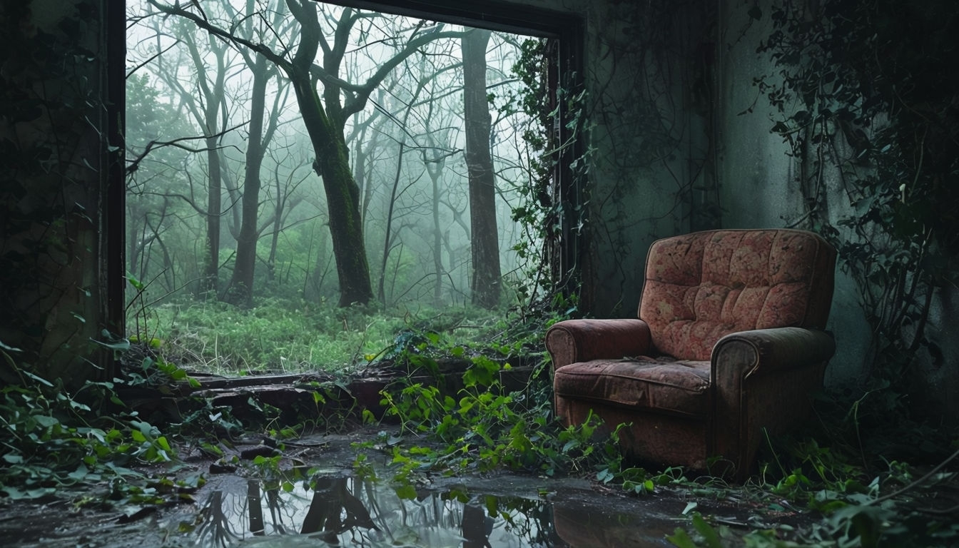Abandoned Room with Overgrown Plants and Forest View Backgrounds