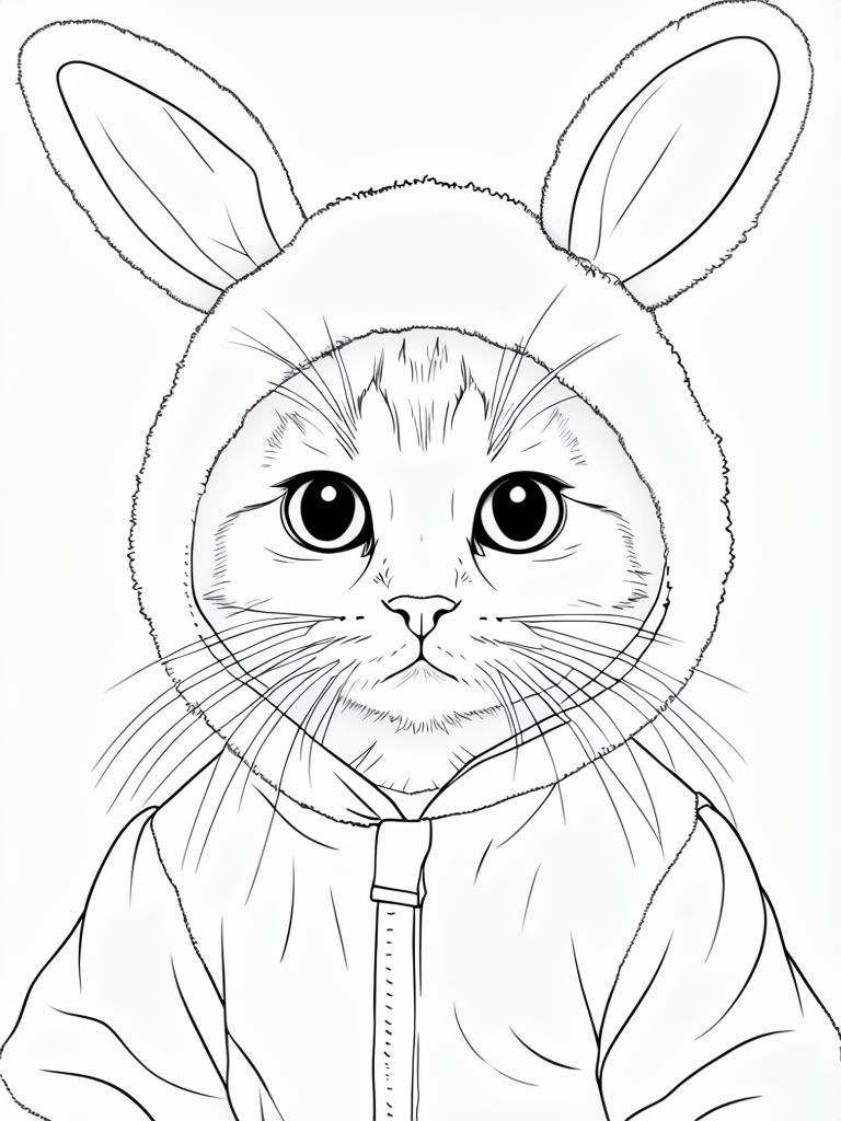 Playful Cat in Bunny Onesie Coloring Page Illustration