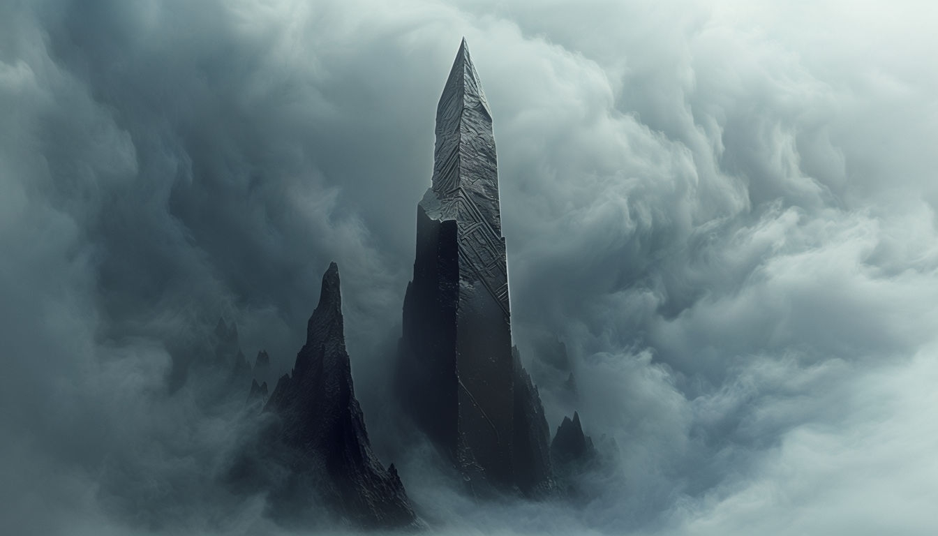 Eerie Monolithic Obsidian Spire in Ethereal Fog Virtual Backgrounds