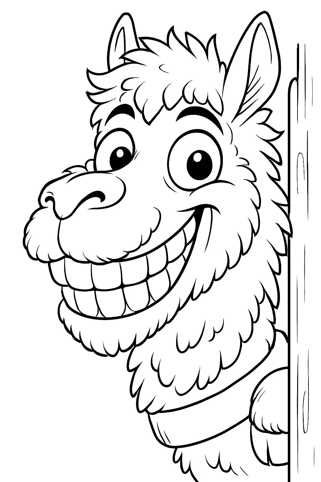 Playful Black and White Cartoon Alpaca Head Illustration Coloring Book Pages