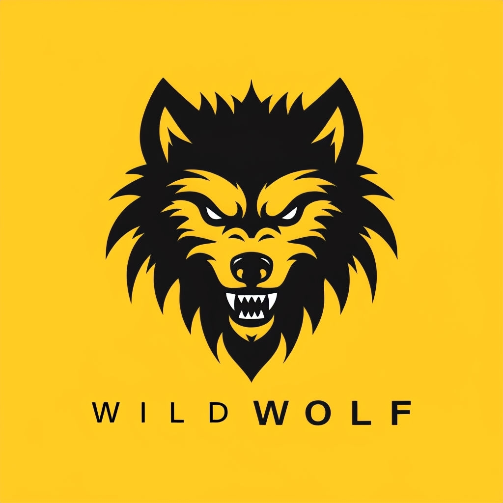 Aggressive Wolf Head Minimalist Logo Design on Bright Yellow Background