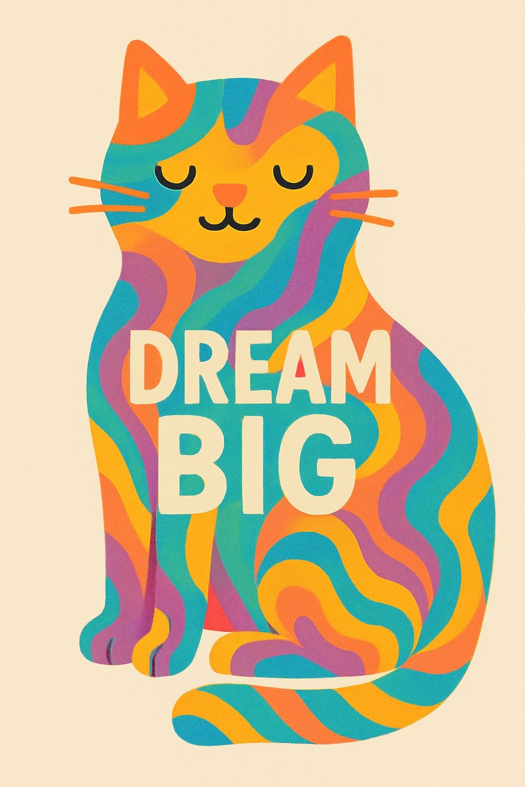 Vibrant Retro Cat Illustration with Dream Big Quote T-Shirt