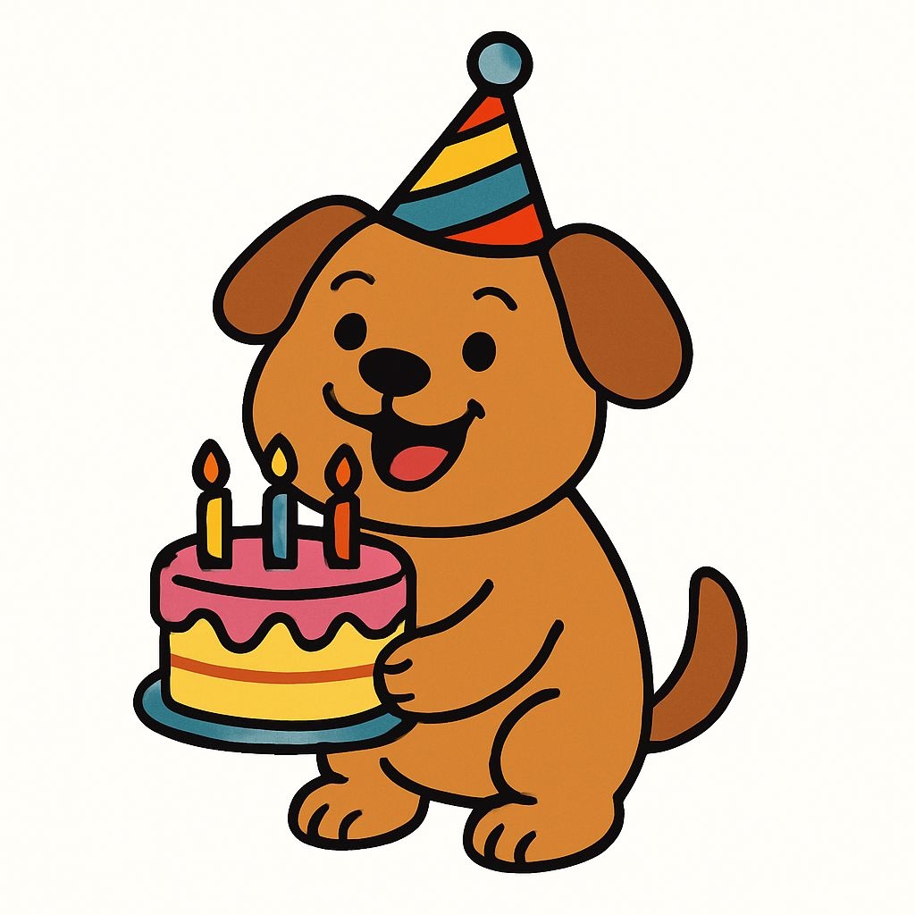 Cheerful Cartoon Dog with Birthday Cake Celebration Sticker