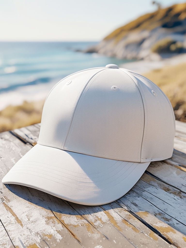 Photorealistic White Baseball Cap Mockup on Wooden Surface