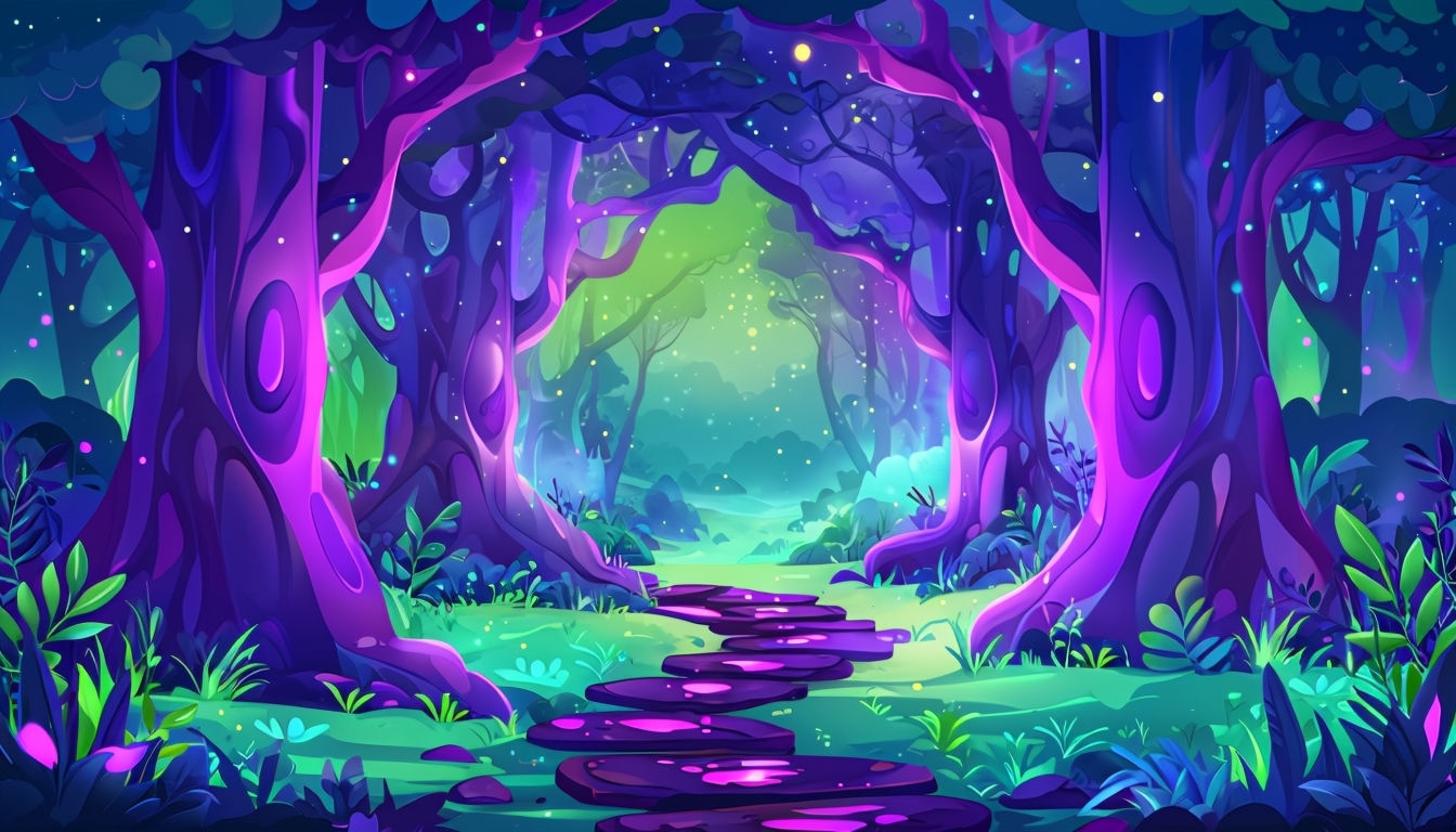 Enchanted Neon Forest Path Digital Illustration Background